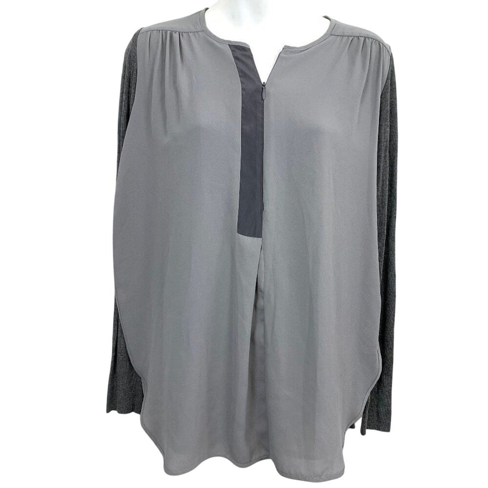 Lola Sophie Gray Mixed Media USA Made Long Sleeve Top Blouse Shirt V-Neck sz S